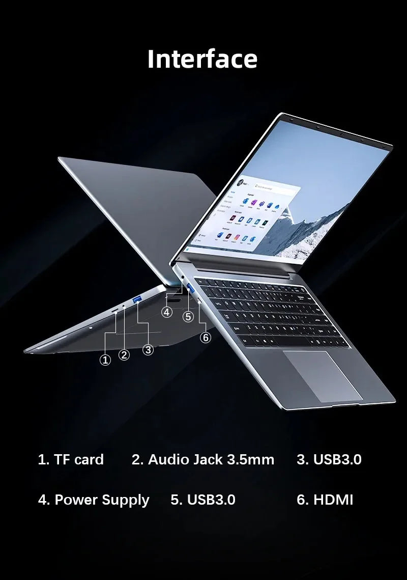 14.1" Intel N3700 Slim Laptop – 16GB DDR4, Up to 2TB SSD, Dual Cameras, Wi-Fi 6, Windows 11