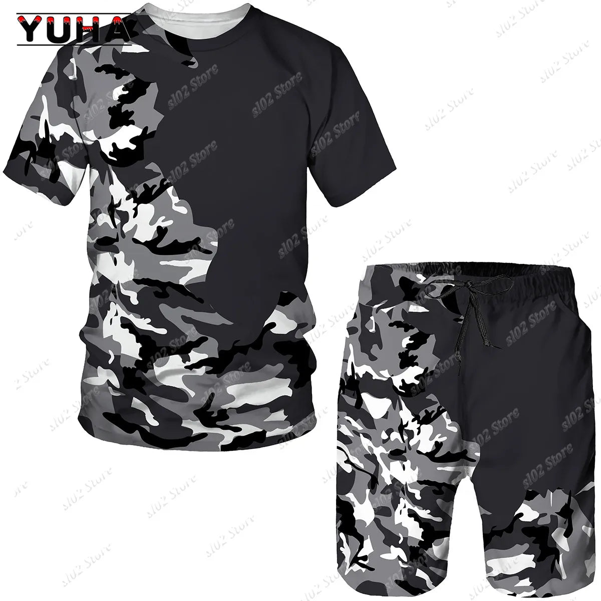Men's Camouflage T-Shirt & Shorts Tracksuit Set – Outdoor Camping Hunting Sport