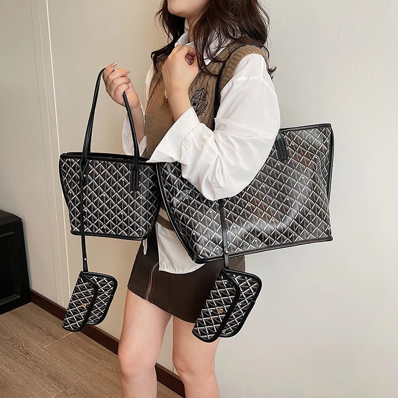 Embroidered Geometric PU Tote Shoulder Bag – Versatile Large Capacity Shopping Class Bag for Women