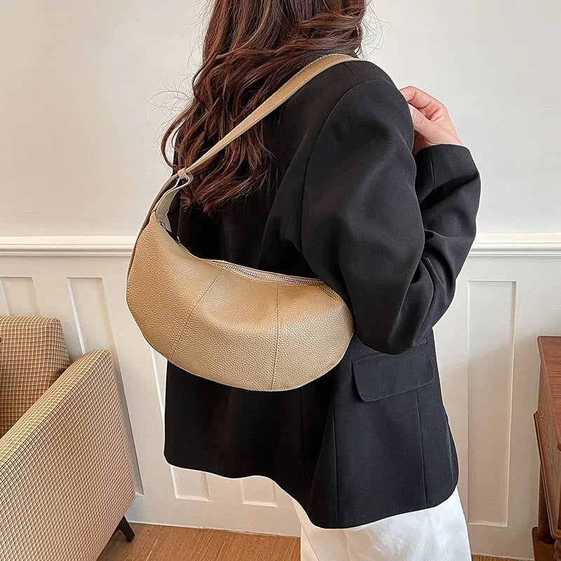 Badiman Genuine Cowhide Half-Moon Underarm Bag – Large Capacity Shoulder Crossbody Tote for Women