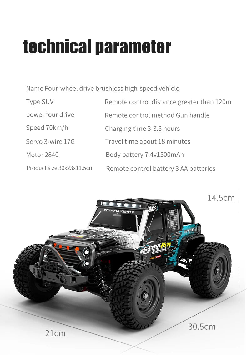 16103 PRO 1:16 Scale 4WD Brushless RC Car – 70KM/H Off-Road Climbing Truck with LED Lights