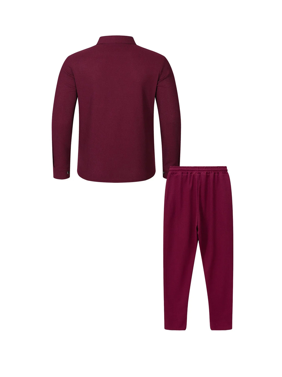Men's Waffle Knit Button-Down Long Sleeve Jacket & Pants Set – Plain Color Casual Suit