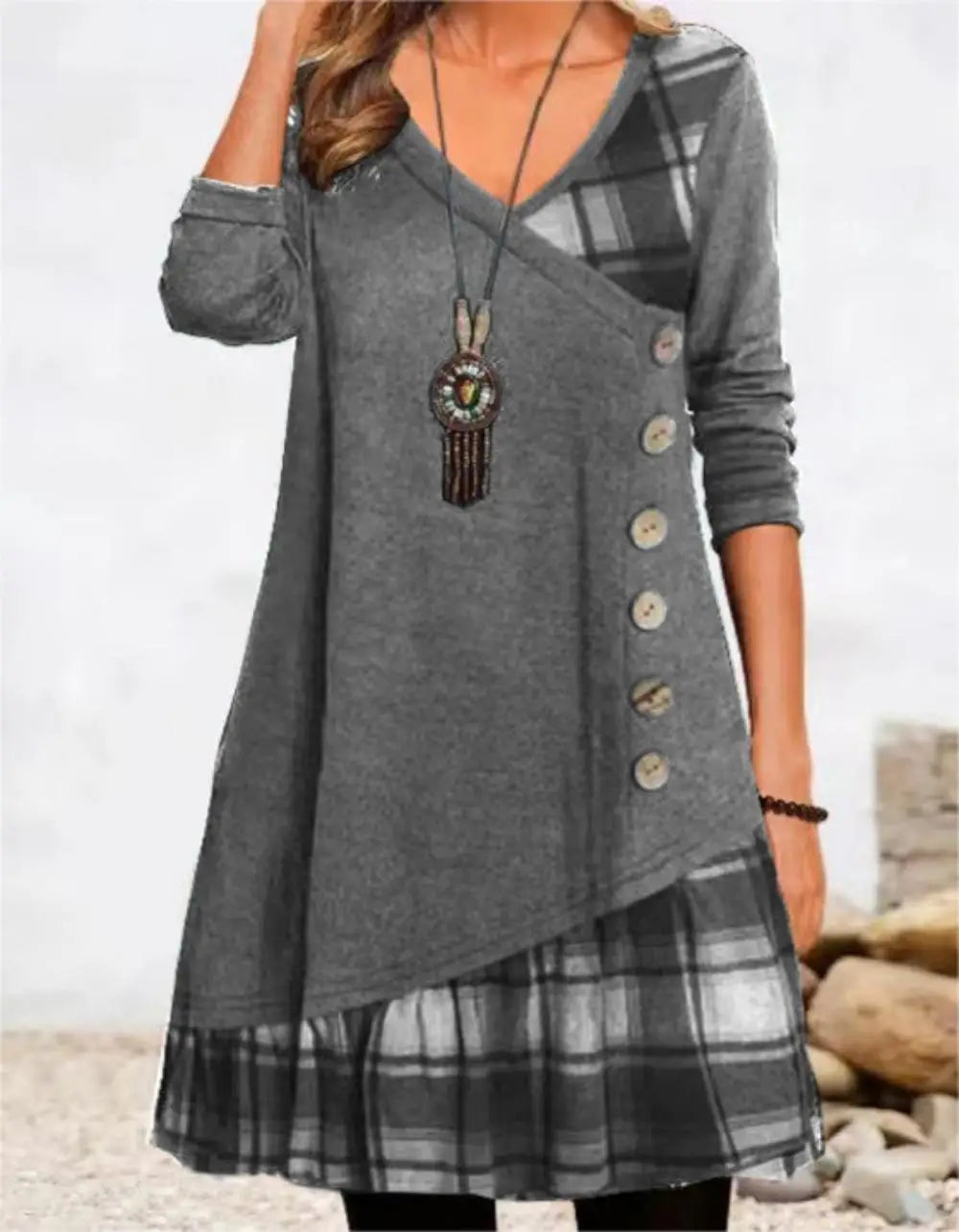 Long Sleeve V-Neck Loose Party Dress — Elegant Button Casual Autumn Winter Dress