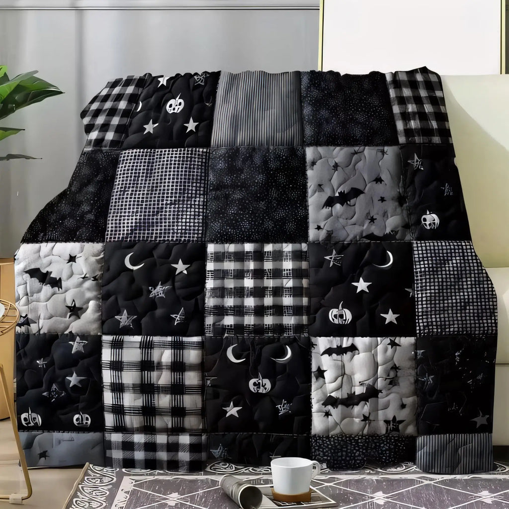 Halloween Patchwork Quilt Blanket – Black & White Geometric with Plaid, Stars, Moons & Pumpkins