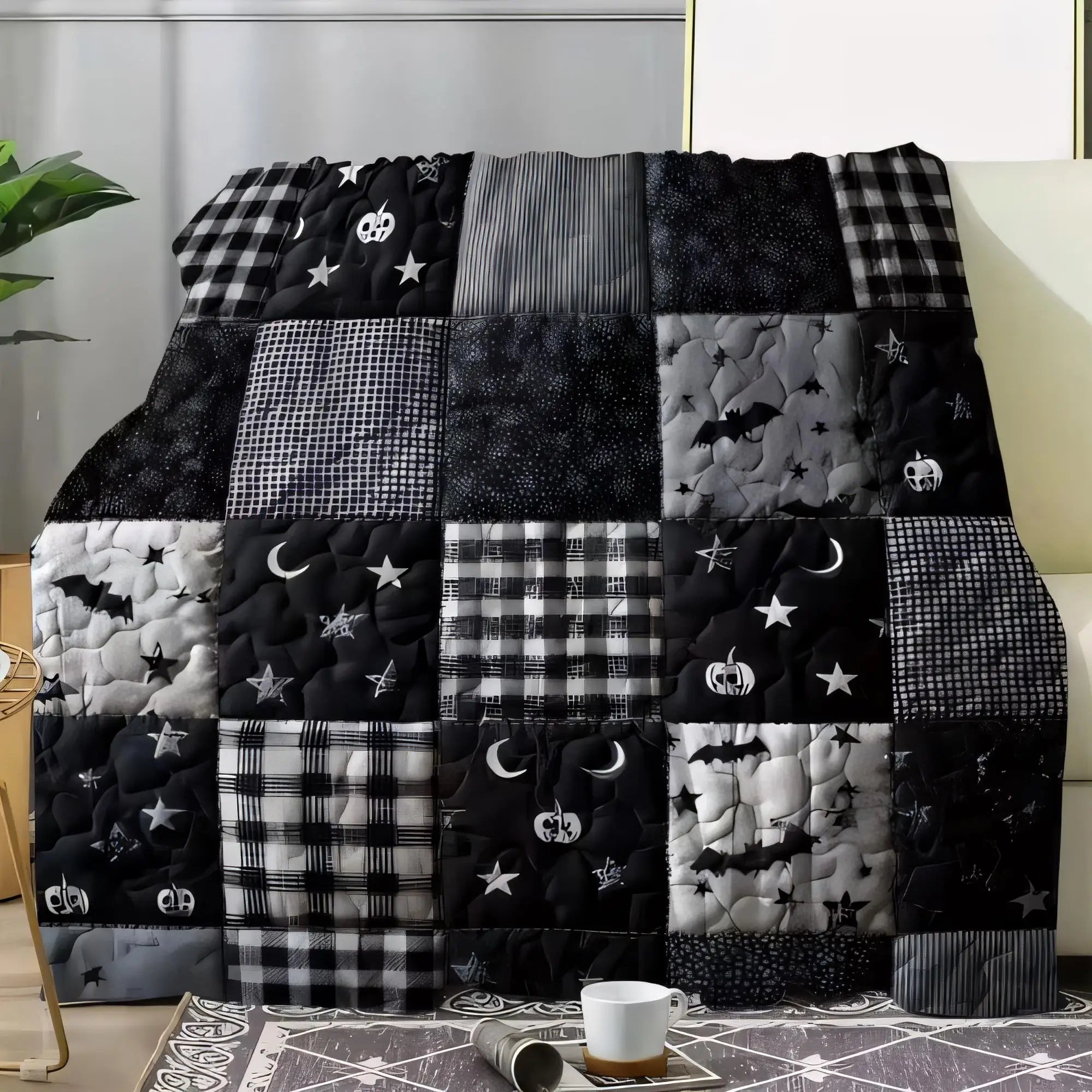 Halloween Patchwork Quilt Blanket – Black & White Geometric with Plaid, Stars, Moons & Pumpkins