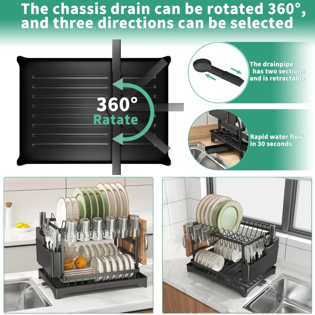 2-Tier 360° Rotating Dish Drying Rack — No-Drill Metal Kitchen Organizer with Utensil Holder & Drainboard