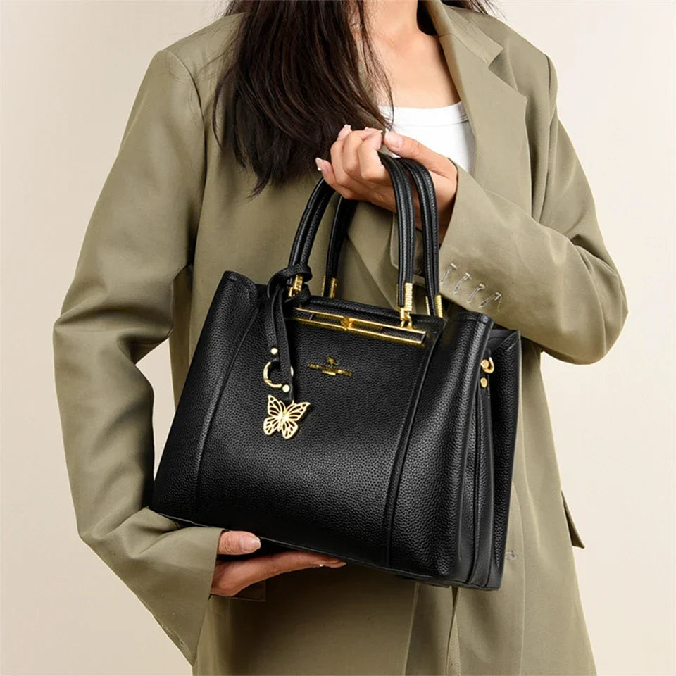 Luxury Genuine Leather 3-Layer Tote Bag – Large Capacity Crossbody Shoulder Bag for Women