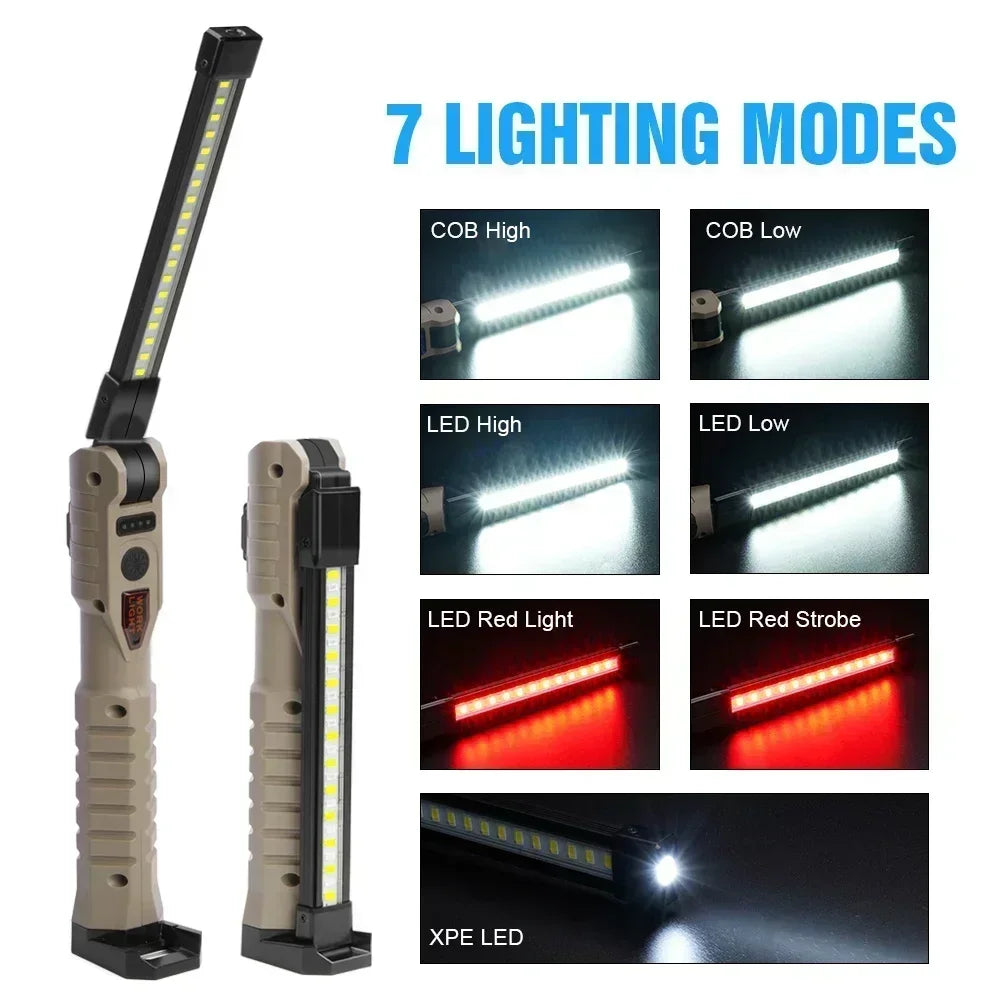 Folding COB+XPE LED Work Light – USB Rechargeable, 180° Foldable, Magnetic Base, Hook, Red SOS, Car Repair