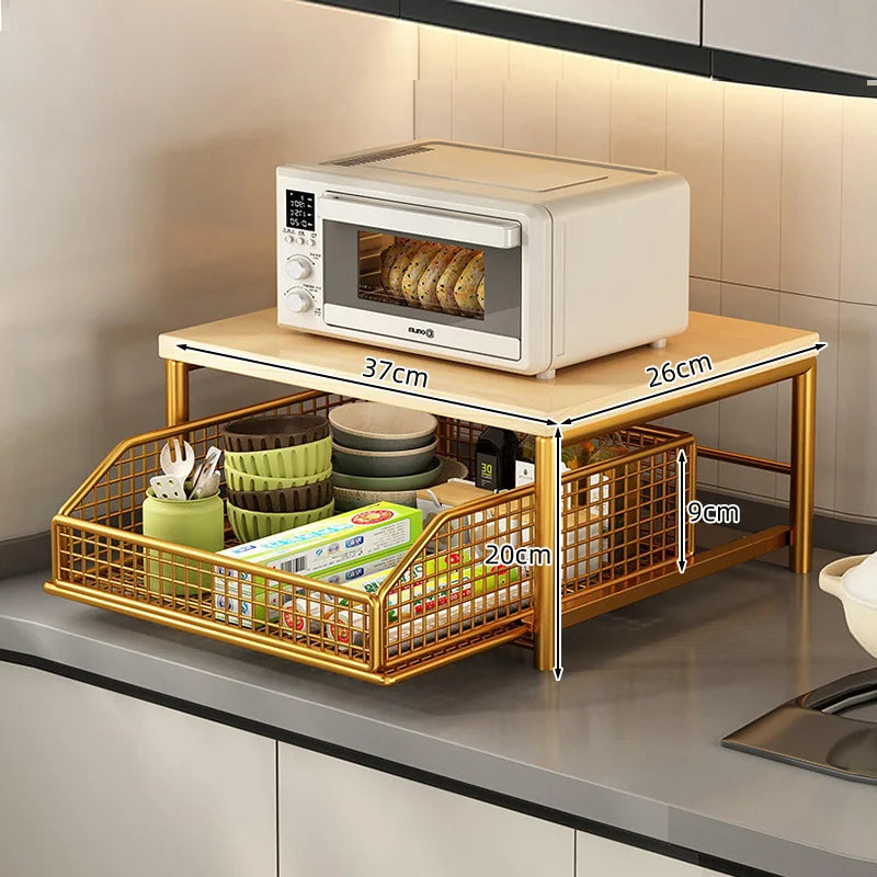 Modern Solid Wood & Metal Microwave Storage Rack — Space-Saving Countertop Kitchen Shelf