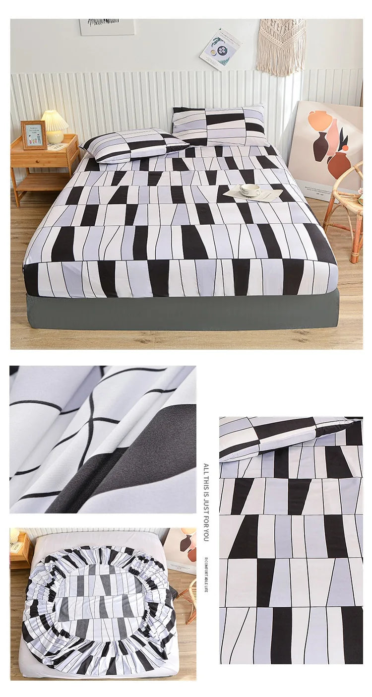 Marble Print Fitted Bed Sheet – Elastic Band, Single to King, All-Around Bed Cover