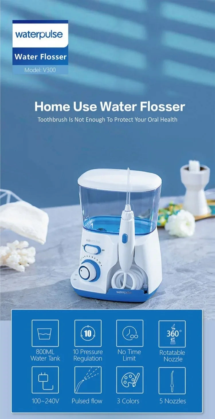 Waterpulse V300 Electric Water Flosser – 800ml Tank, 10 Pressure Settings, 5 Nozzles, Braces & Gum Care