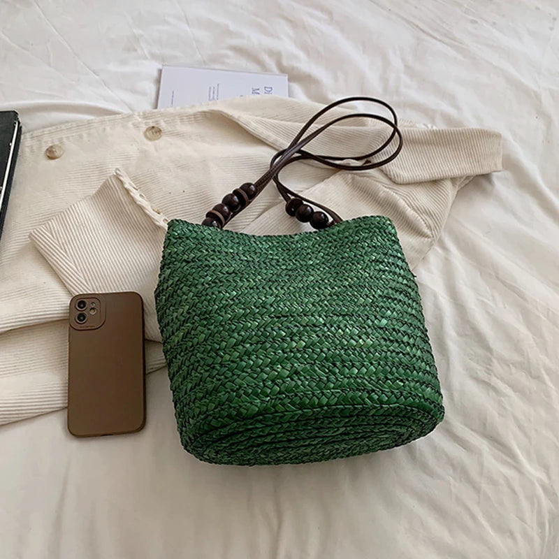 Handmade Straw Rattan Woven Tote Bag – Bohemian Beaded Summer Beach Shoulder Bag for Women