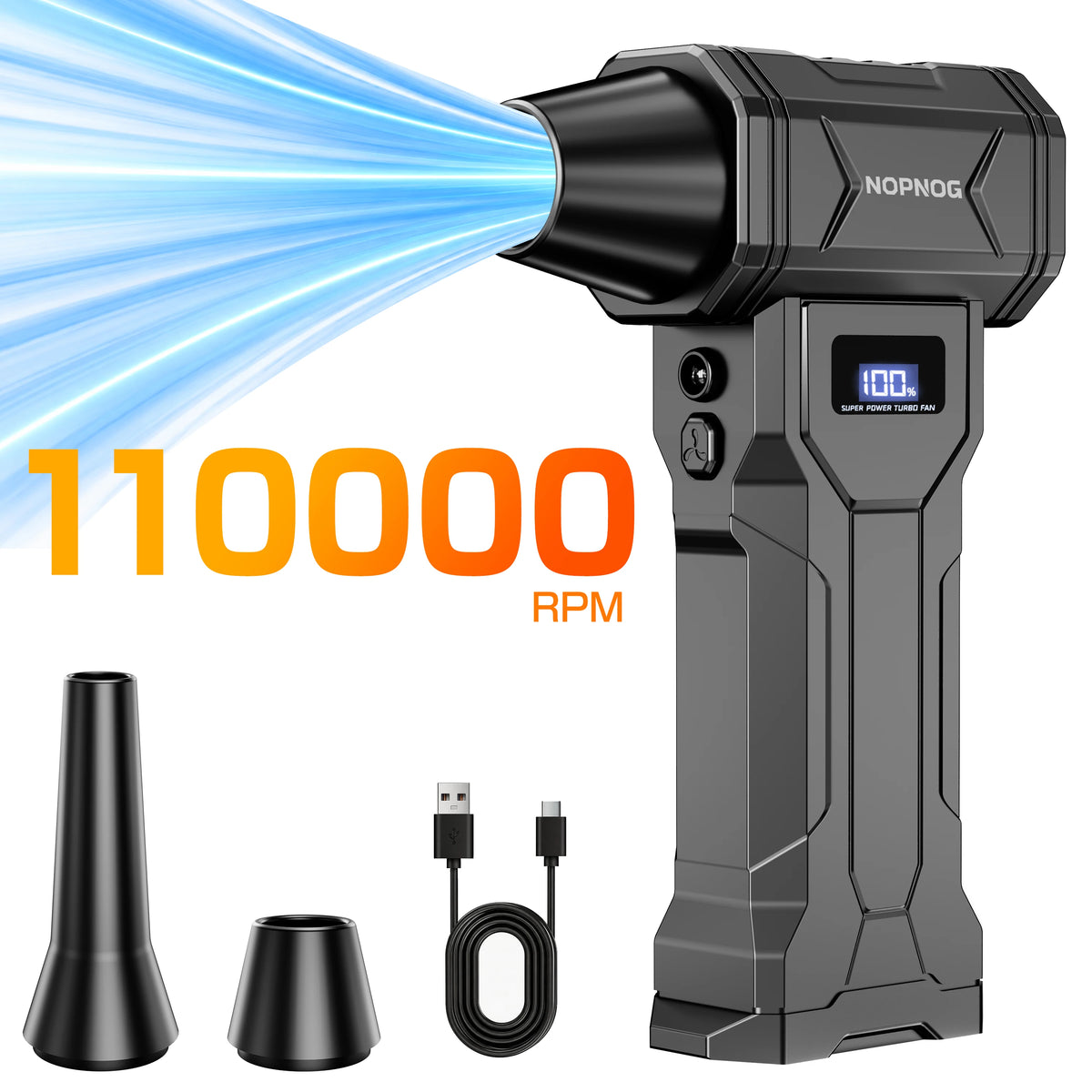 Turbo Jet Fan Blower & Air Duster — 130,000 RPM Brushless Motor, 4-Gear, 75W, Type-C Charging, 5 Nozzles