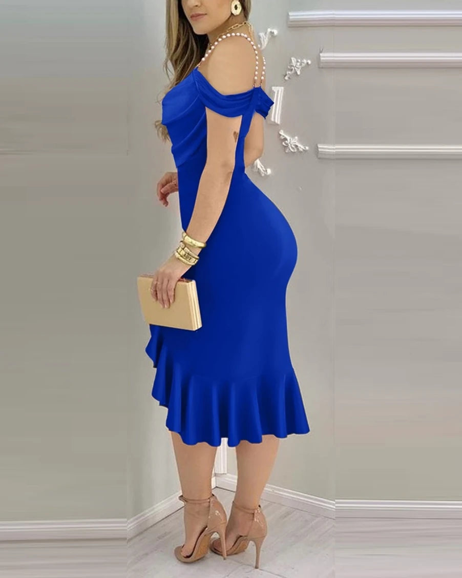 Off Shoulder Ruffle Hem Slit Midi Dress — Sexy Formal Cocktail & Wedding Guest Dress