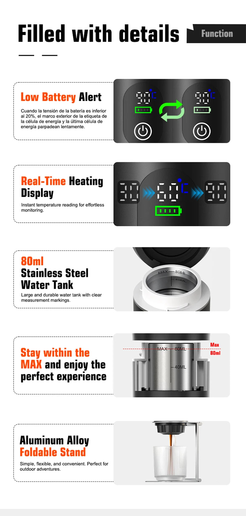 DENOKIN Portable Espresso Coffee Maker – 3-in-1 Capsule Machine with Digital Display for Car, Home & Camping