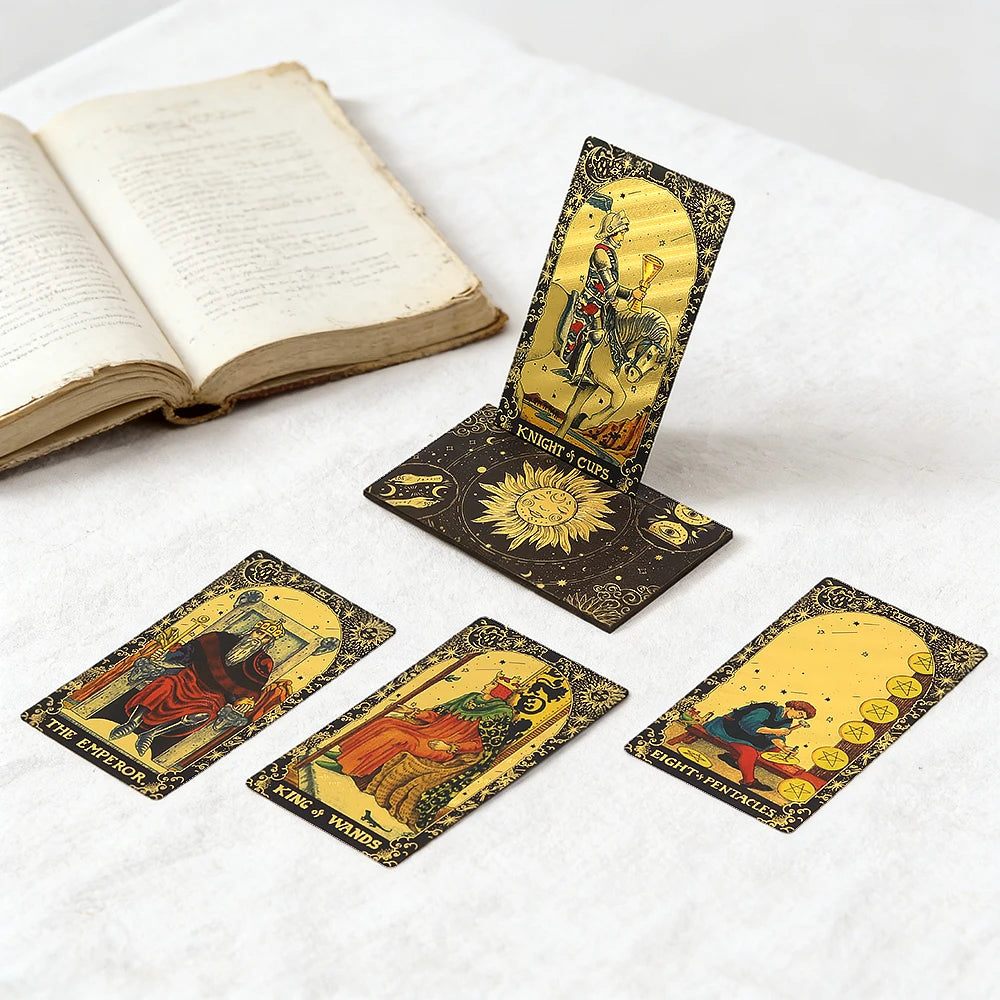 Golden Foil Tarot Cards Set – Luxe Finish with Wooden Card Stand for Beginners & Predictive Readings