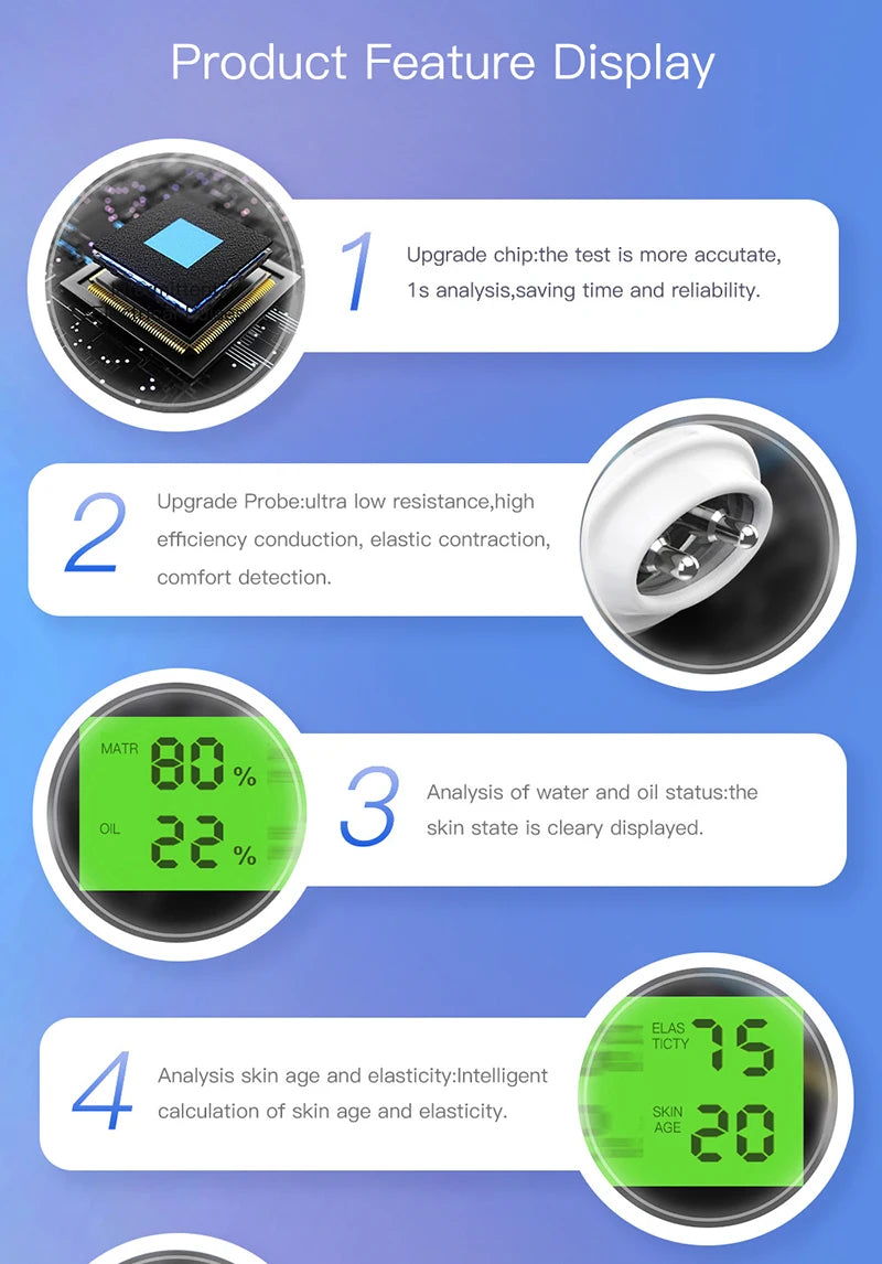 LCD Skin Moisture & Oil Analyzer Pen – Fluorescent Agent Detector, Elasticity & Skin Age Tester