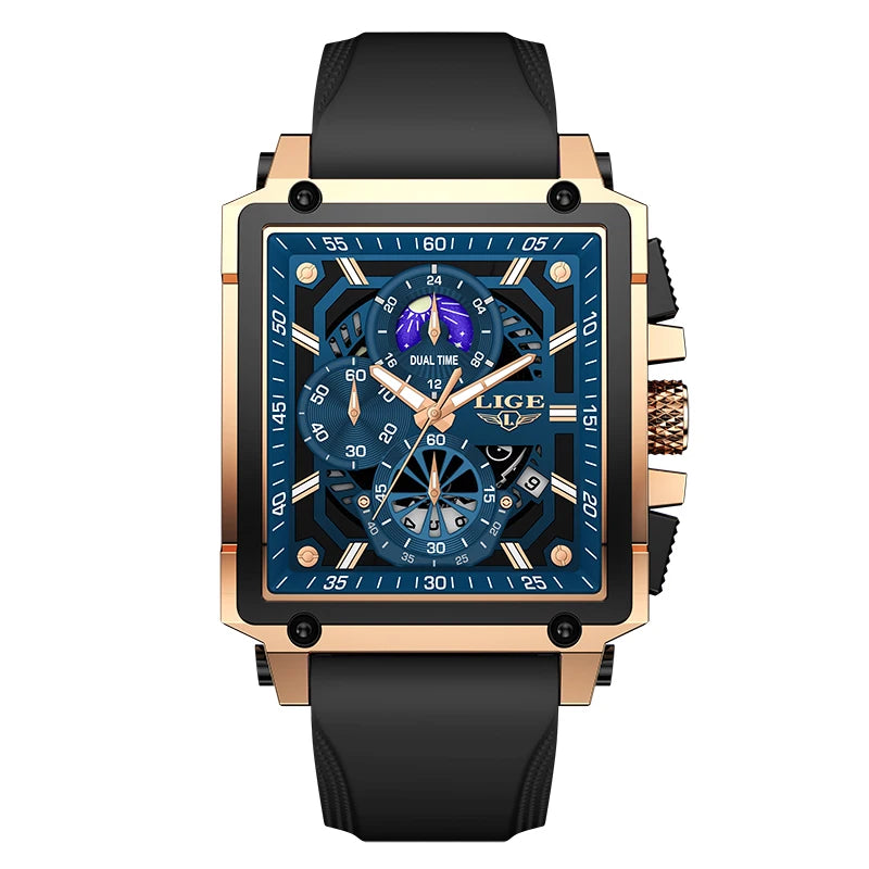 LIGE Men's Hollow Square Sport Watch | Fashion Silicone Strap Waterproof Quartz Wristwatch with Box