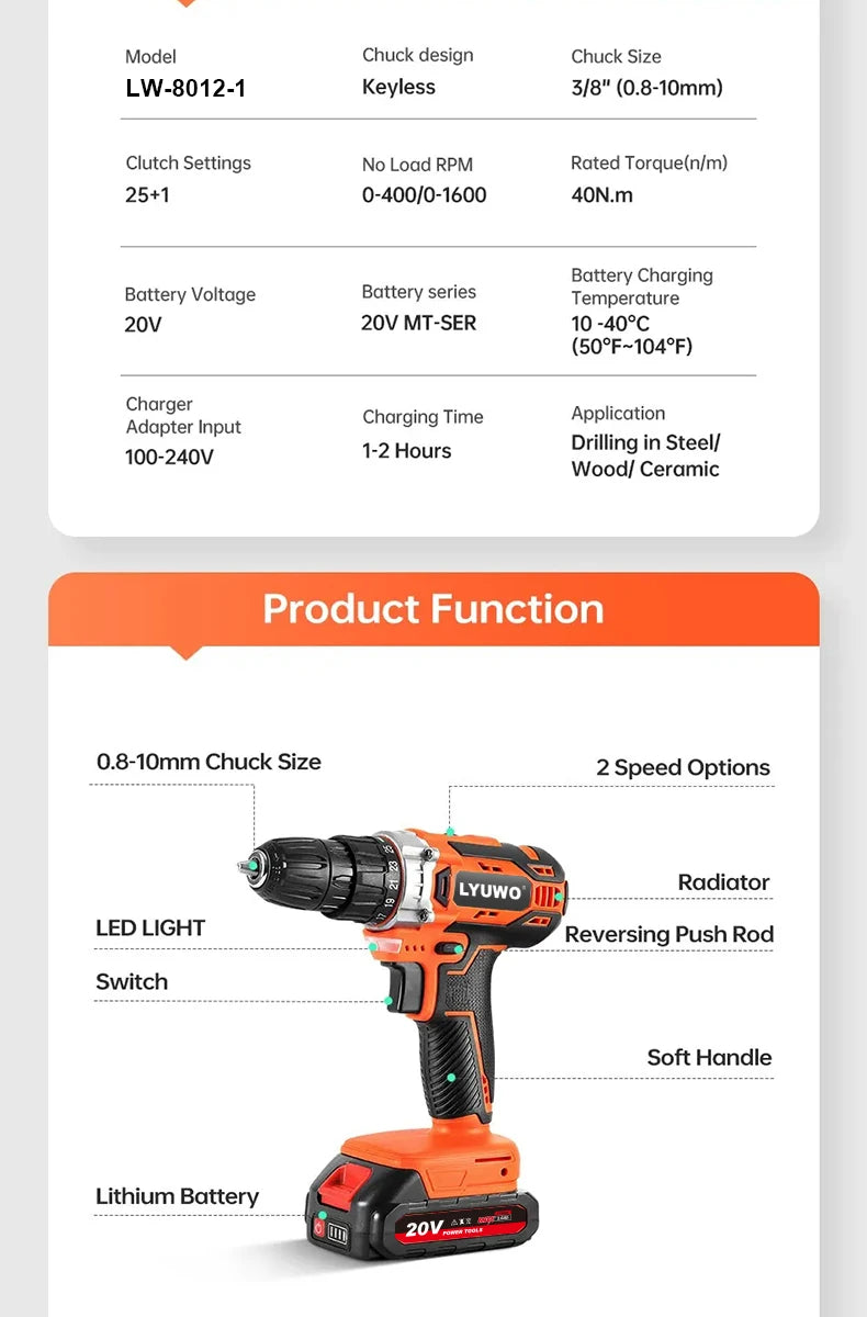 12V Cordless Drill with 25+1 Settings