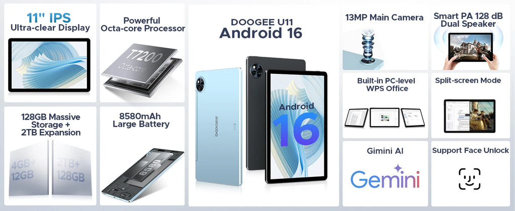 DOOGEE U11 11" Android 15 Tablet – 90Hz Display, 4GB RAM, 128GB ROM, 8580mAh, Dual Speaker, Widevine L1