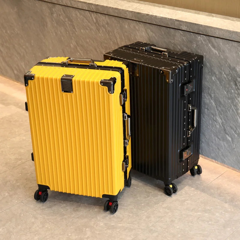 Aluminum Frame Leather Trolley Case — 20"/24"/26"/28" Universal Wheels