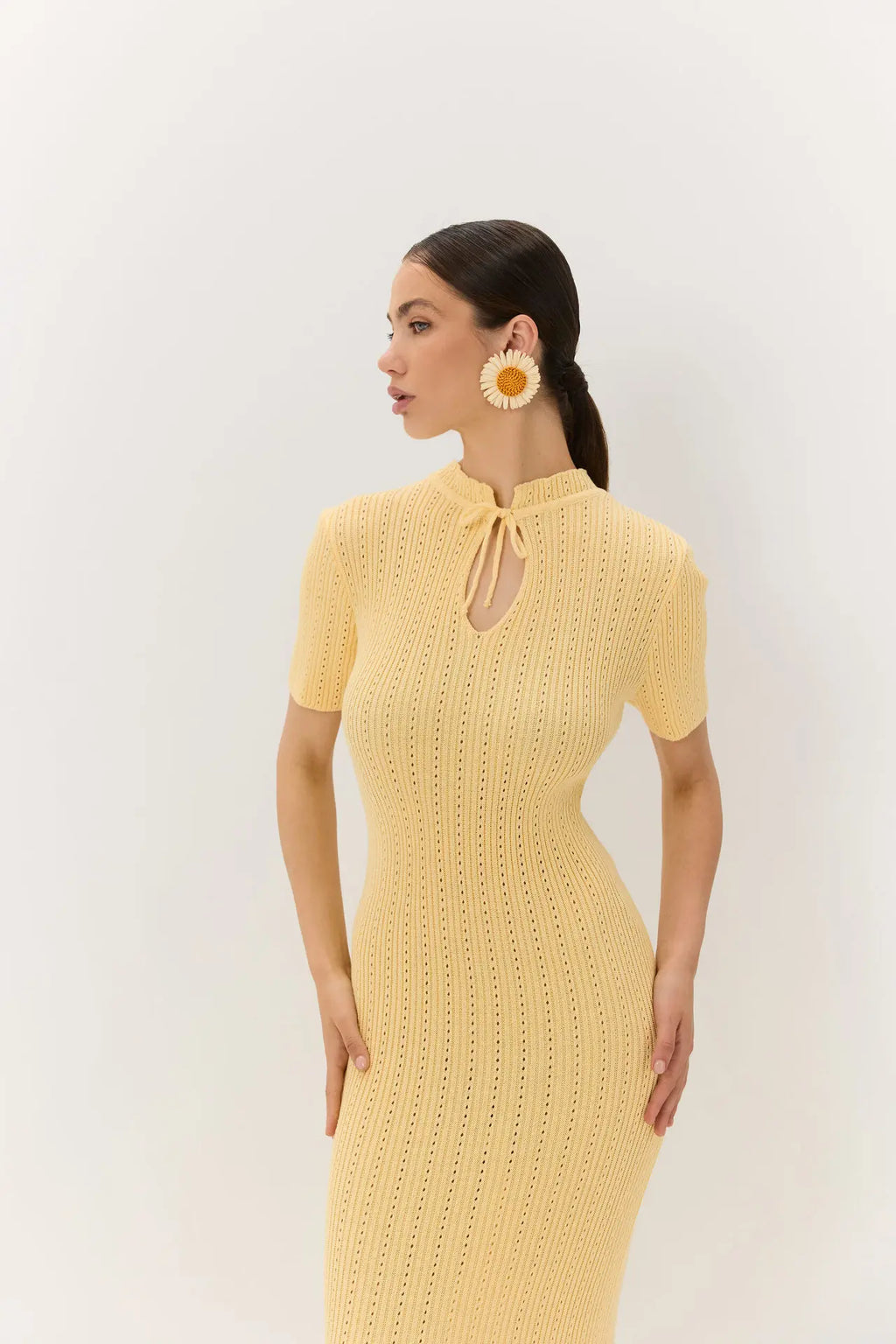 Tossy Knit Hollow Out Lace-Up Dress – Ribbed Short Sleeve Patchwork High Waist Elegant Long Dress