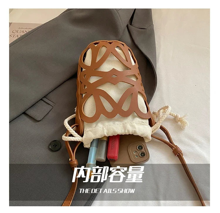 Brilliant Fish Hollow Out Drawstring Mini Bucket Crossbody Bag – Adjustable Strap Shoulder Bag for Women