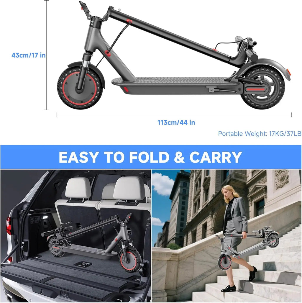 Folded electric scooter showing compact size for carrying and vehicle storage.