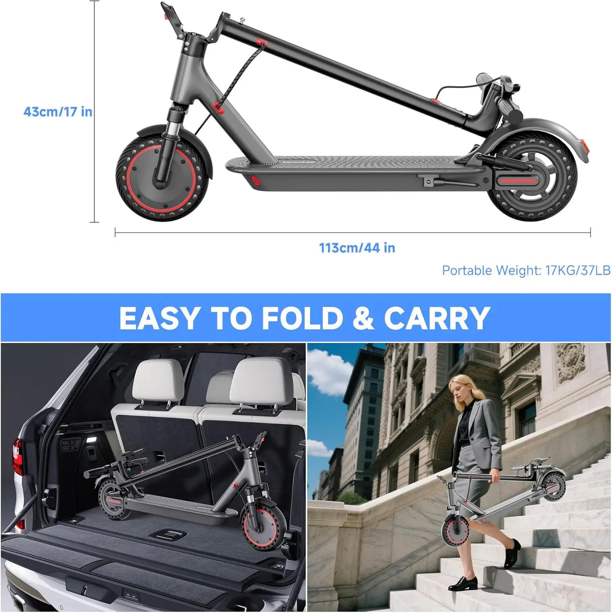 Folded electric scooter showing compact size for carrying and vehicle storage.