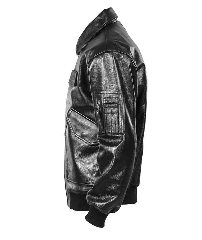Men's Black Glossy Genuine Cowhide MA-1 Flight Jacket — Military Bomber with Point Collar