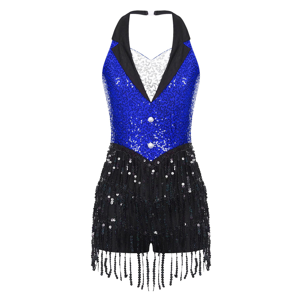 Women's Sequin Dance Dress – Shiny Sleeveless Latin Jazz Tango Salsa Leotard Bodysuit Outfit
