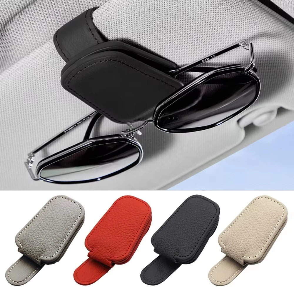 Universal Car Sunglasses Holder | Magnetic Leather Sun Visor Glasses Clip & Card Holder