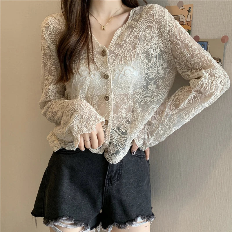 Women's Vintage Sheer Lace Blouse – Long Sleeve See-Through Sun Shirt Korean Style Casual Top