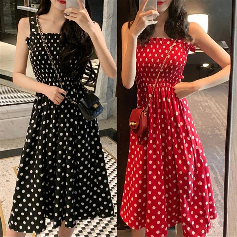 Polka Dot Square Neck Chiffon Maxi Dress — Sleeveless Elegant Long Dress