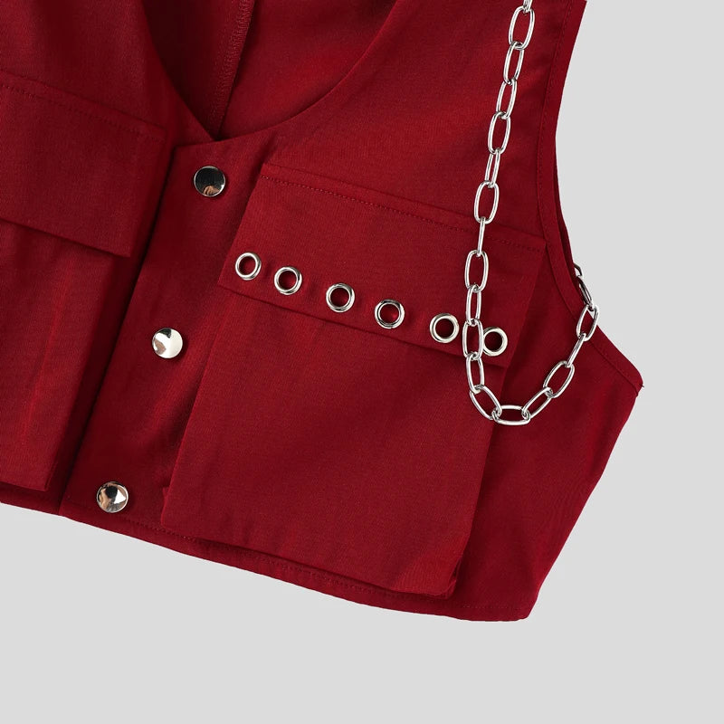 INCERUN Men's V-Neck Sleeveless Crop Vest — Solid Color Streetwear Waistcoat