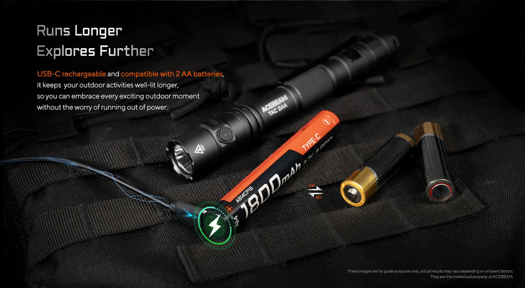 ACEBEAM TAC 2AA EDC Flashlight – Rechargeable Wide Voltage LED Torch with Self-Defense Strobe