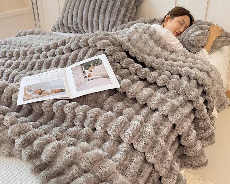 Striped Plush Blanket – Soft Faux Rabbit Fur Throw