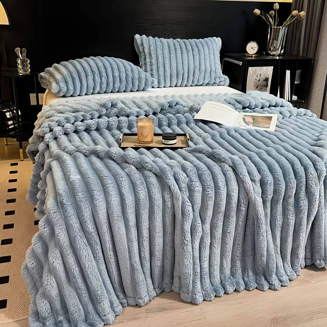 Thickened Wide Stripe Plush Flannel Multifunctional Blanket – Bed Sheet, Sofa & Nap Cover, 7 Colors & 5 Sizes