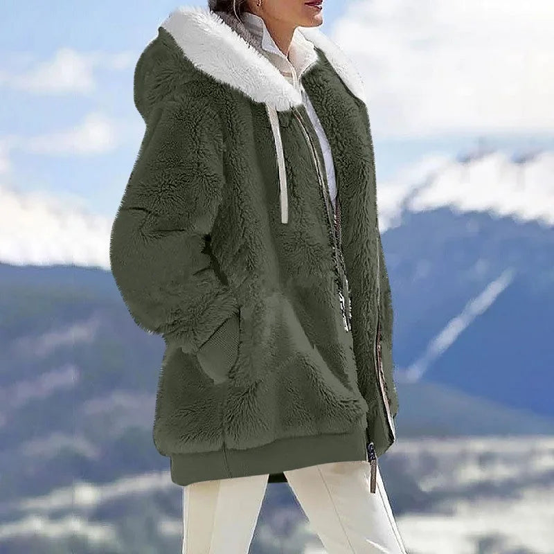 Women's Hooded Zip-Up Fleece Jacket – Loose Casual Solid Color Coat