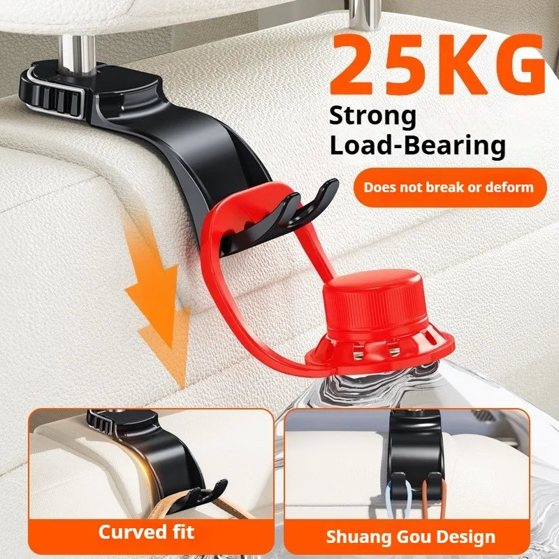 Bottle holder with a red cap attached to a car seat, showing its strength and design features.