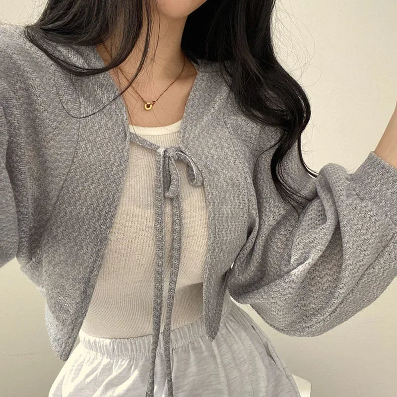 Women's Knitted Cardigan – Thin Lace-Up Lantern Sleeve Short Coat in White, Black & Gray
