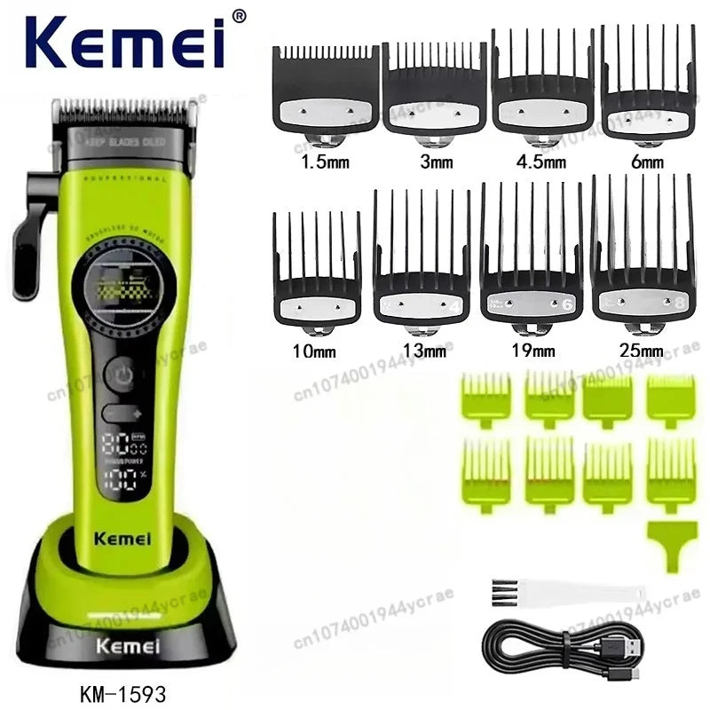 Kemei KM-1593 / KM-1595 Brushless Hair Clipper – DLC Blade, 8000 RPM, 200-Min Runtime, USB-C