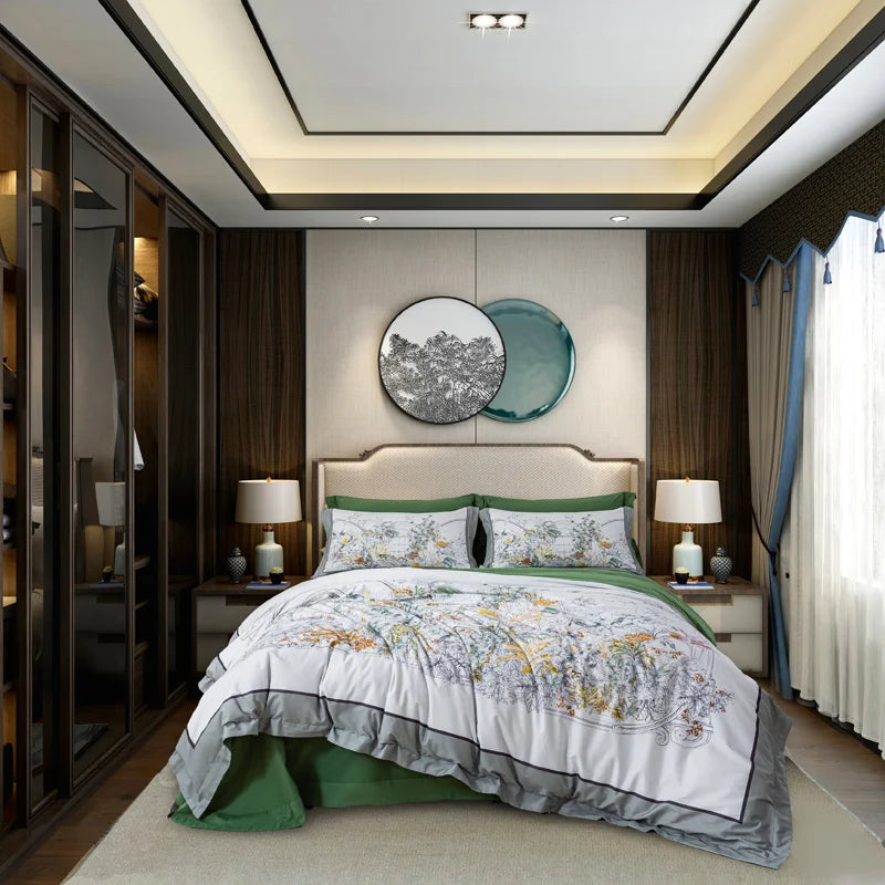 600TC Egyptian Cotton Bedding Set – Birds & Flowers Leaf Print, 16 Colors, Queen to US King