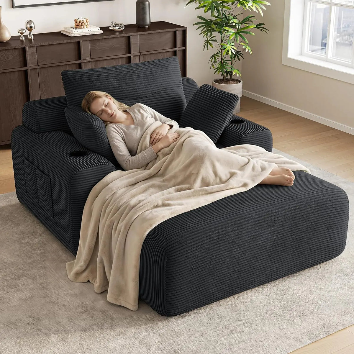 69-Inch Corduroy Boneless Chaise with Cup Holders