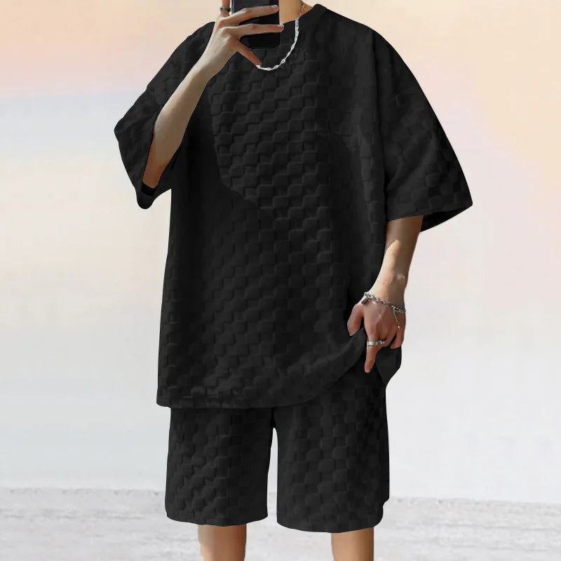 Men's Oversized Chessboard Plaid Shirt & Shorts Set – Loose Summer Leisure 2-Piece