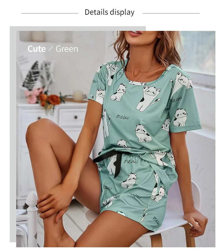 Cartoon Print 2-Piece Pajama Set — Short Sleeve Top & Pants