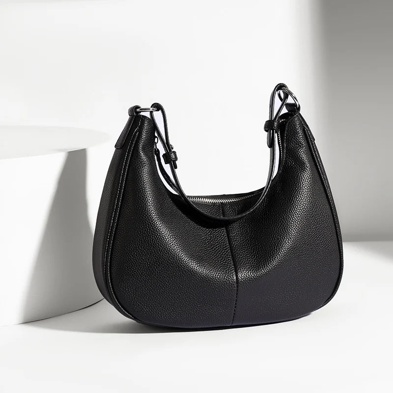 100% Genuine Cowhide Leather Half-Moon Underarm Tote Bag – Crossbody Shoulder Bag for Women