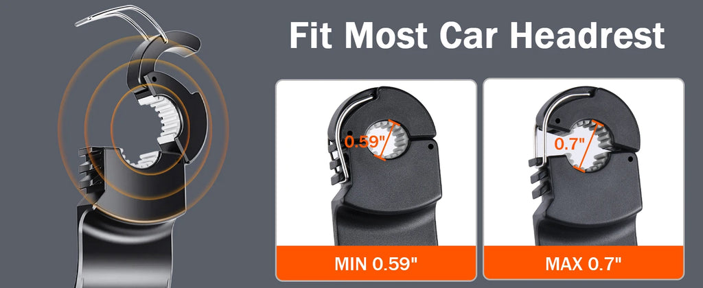 An informational product graphic showing a car headrest adapter on a dark gray background, with the text 'Fit Most Car Headrest' and two inset close-ups labeled MIN 0.59" and MAX 0.