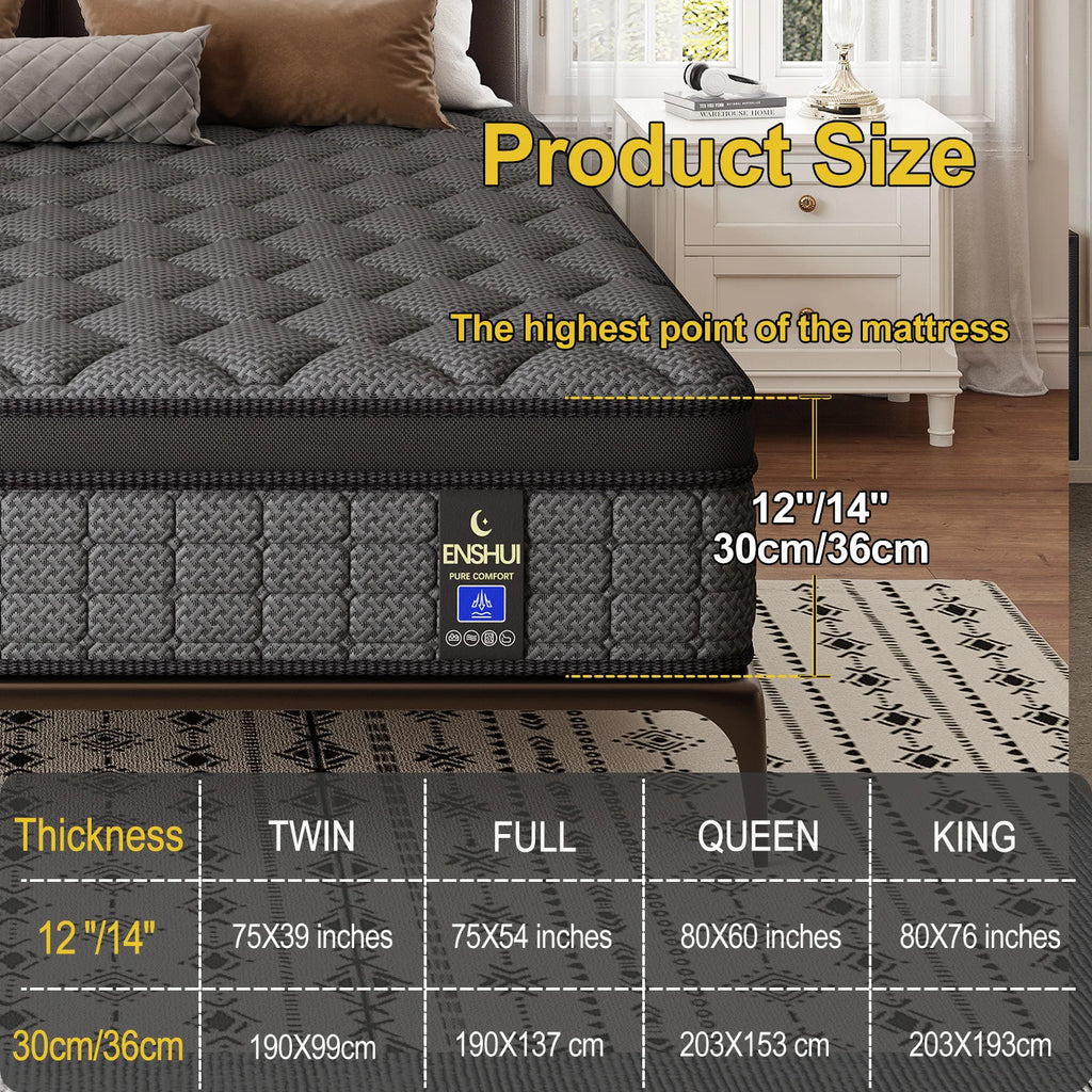 12"/14" Gel Memory Foam Hybrid Mattress – Pocket Innerspring Euro Top, Medium Firm, Twin to King