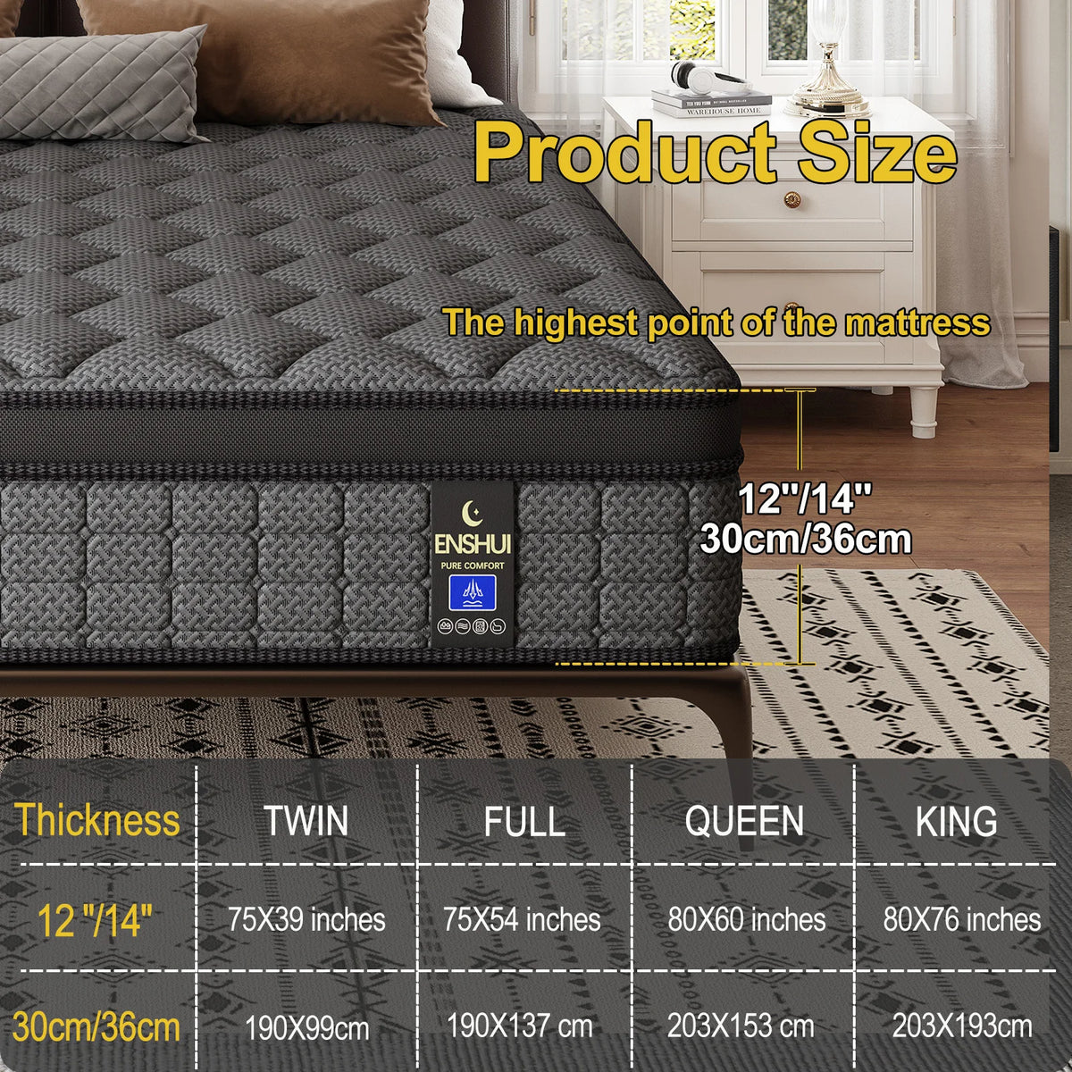 12"/14" Gel Memory Foam Hybrid Mattress – Pocket Innerspring Euro Top, Medium Firm, Twin to King